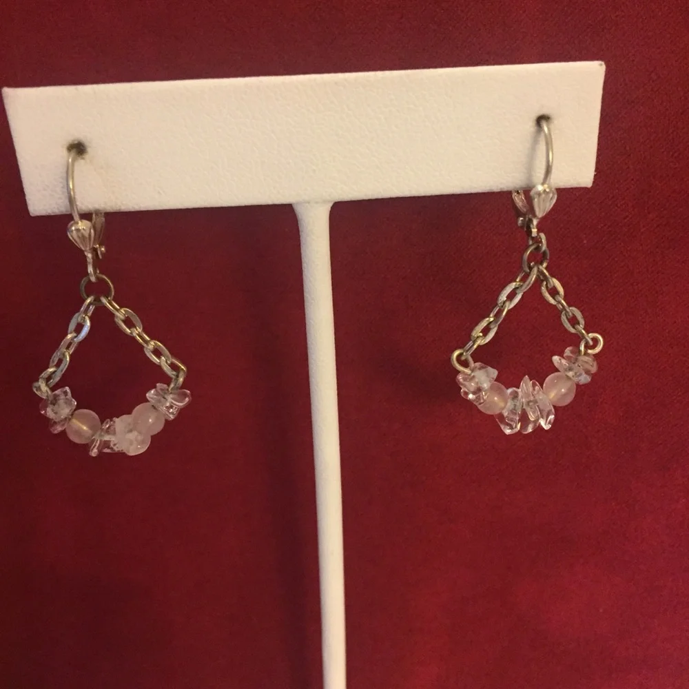 HAND CRAFTED Earrings Silver Plated Chain Rose Quartz Clear Quartz Chips